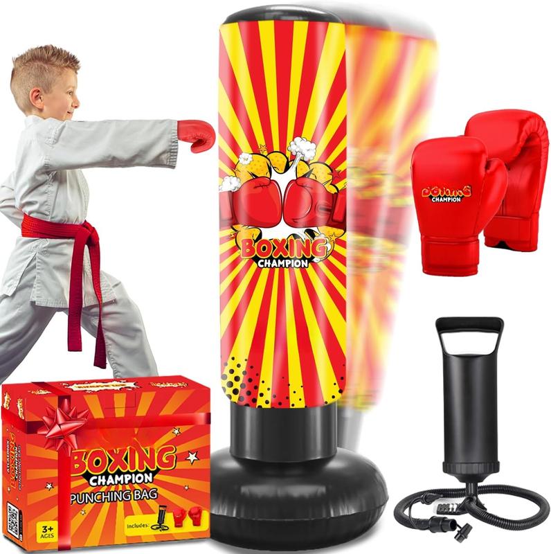 Inflatable Boxing Toy for Boys Age 4-8-12, Standing Kick Dummy, Karate Taekwondo Equipment, Fun Active Game, Birthday Party for Kids, Durable Punch Box Set