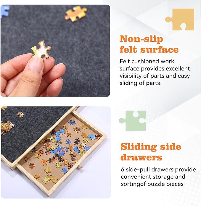 1000 Piece Wooden Jigsaw Puzzle Board 6 Drawers 30”X 22”Rotating Puzzle Table|Felt Cushion Felt Surface and Translucent Cover Mat，360°Turntable Portable Puzzle Tables for Adults and Kids