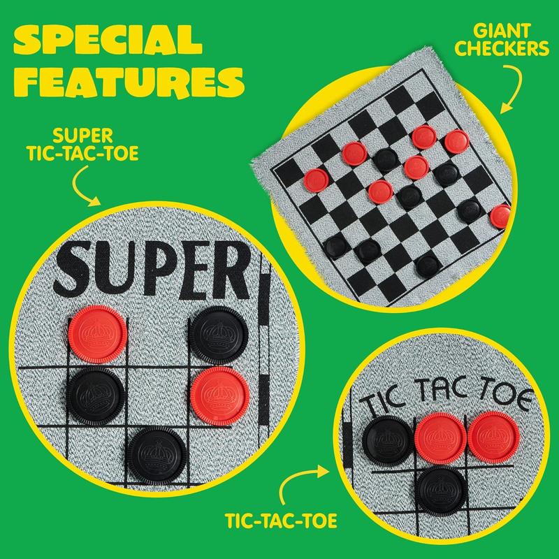  3-in-1 Vintage Giant Checkers and Tic Tac Toe Game with Reversible Mat, 24 Chips, Family Board Game, Lawn Game, BBQ Party Favor, Indoor and Outdoor Activity for Kids and Adults