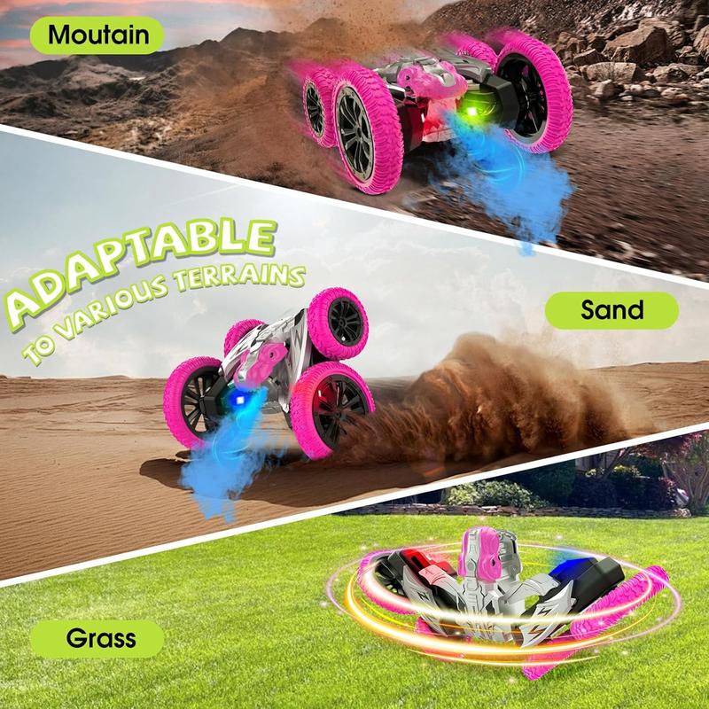 Remote Control Car, 360 Rotating RC Stunt Car with Lights and Spray, 2.4Ghz 4WD Double-Sided Driving RC Car Toys for Kids, Outdoor Dinosaur Truck Gift for Boys and Girls Age 4-7,8-12 (Pink)