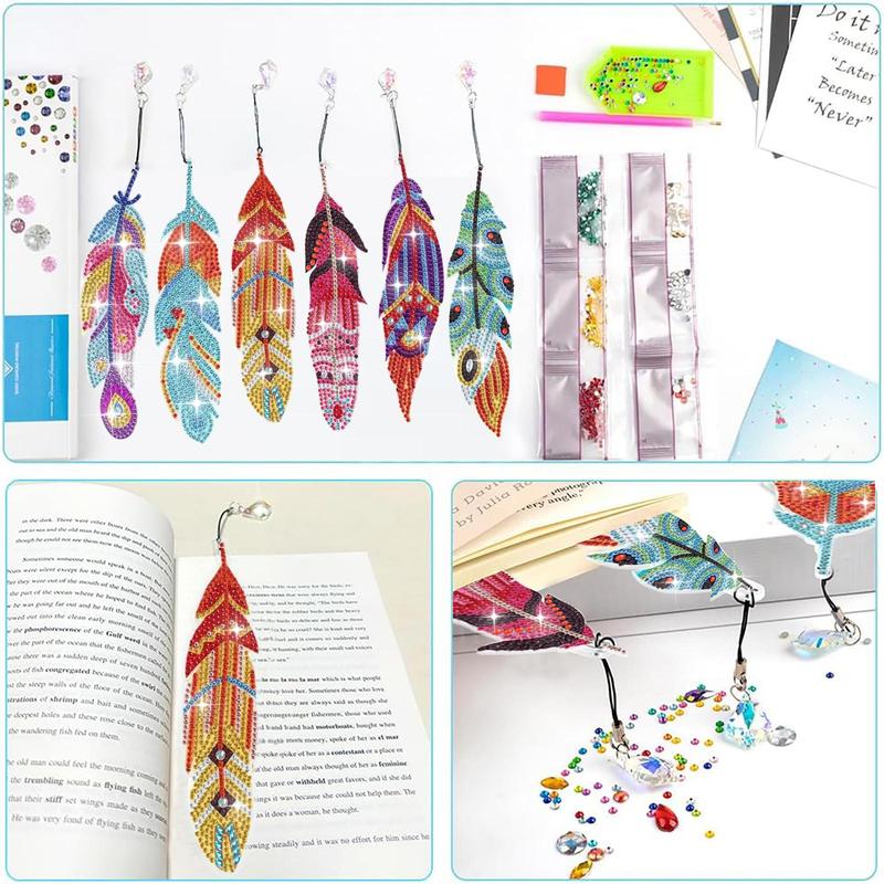 Feather Design DIY Diamond Arts Painting Bookmarks, 6 Counts set DIY Diamond Art Paint Bookmark Kit, DIY Decorative Bookmarks for Readers