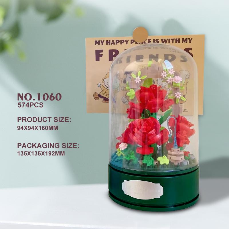 Rose Flowers Bouquet Music Box Building Set With Music(574PCS) Home Decor - Christmas, Mother's Day, Valentine's Gifts Ideal for Aldult, Girls Boys, Roses Toy Building Set with Dust Cover