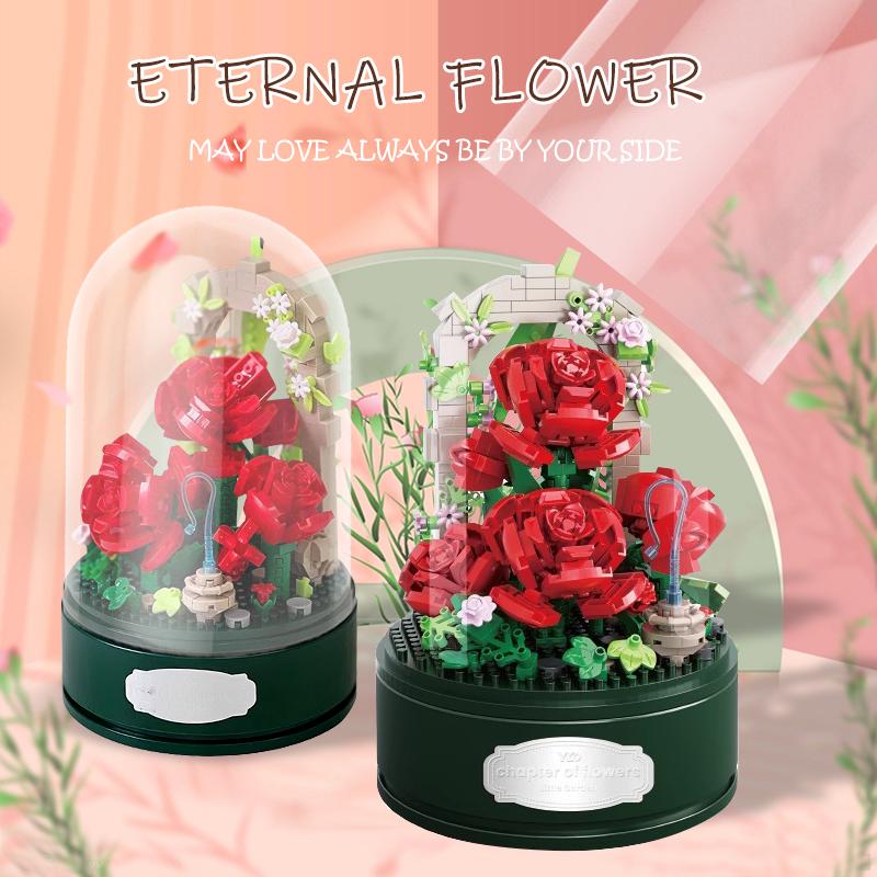 Rose Flowers Bouquet Music Box Building Set With Music(574PCS) Home Decor - Christmas, Mother's Day, Valentine's Gifts Ideal for Aldult, Girls Boys, Roses Toy Building Set with Dust Cover