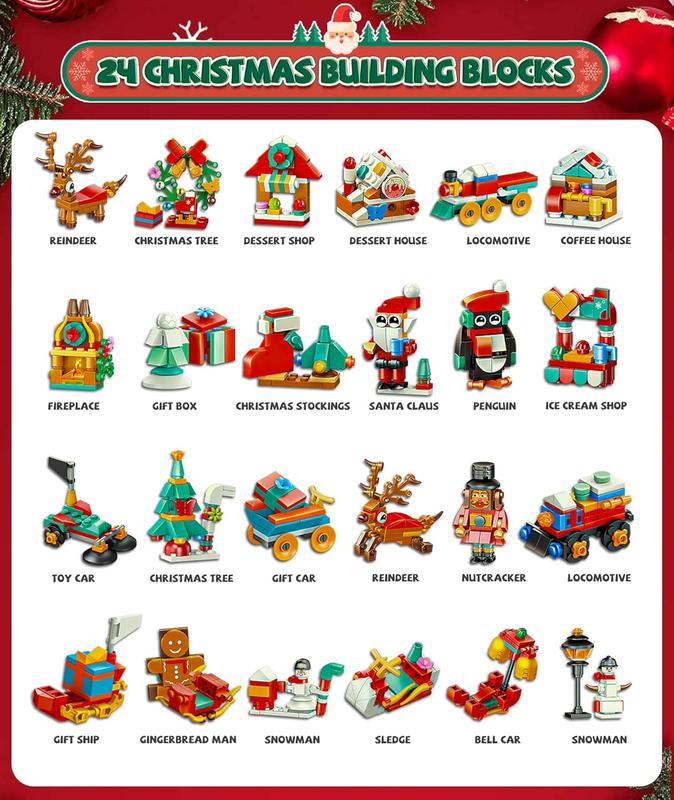 Christmas Advent Calendar 2024,  Building Blocks for  24 Days Countdown Christmas Building Blocks Toys Set Christmas Gift for Boys Girls Adults Xmas Building Bricks Stocking Stuffer Party Favors Home Decors