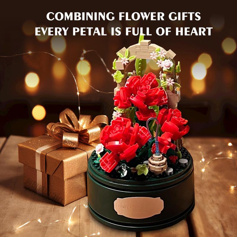 Rose Flowers Bouquet Music Box Building Set With Music(574PCS) Home Decor - Christmas, Mother's Day, Valentine's Gifts Ideal for Aldult, Girls Boys, Roses Toy Building Set with Dust Cover