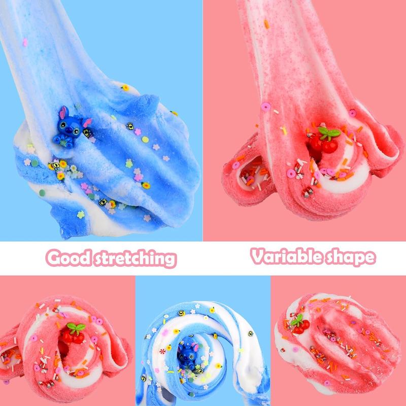 2 Pack Cloud Slime Kit, with Blue and Red Cherry Charms, Two-Tone Scented DIY Slime Pack for Girls and Boys, Birthday Gift, Party Favors, Christmas Surprise, Stress Relief Slime Toys for Kids