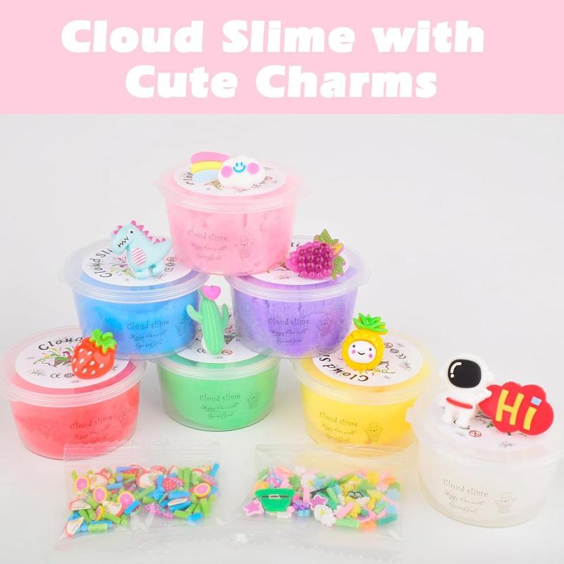 7 Pack Cloud Slime Kit with Strawberry and Pineapple Charms, Pre-Made Scented Cloud Slimes, Party Favor, Birthday Gift, Multi-Colored Stress Relief Toy for Girls and Boys