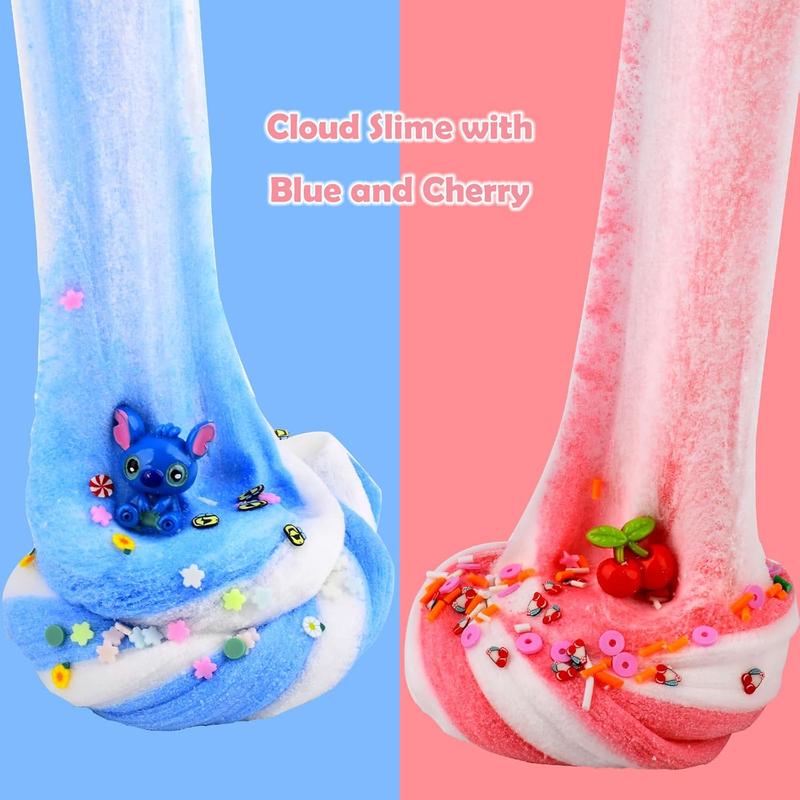 2 Pack Cloud Slime Kit, with Blue and Red Cherry Charms, Two-Tone Scented DIY Slime Pack for Girls and Boys, Birthday Gift, Party Favors, Christmas Surprise, Stress Relief Slime Toys for Kids