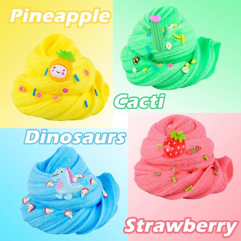 7 Pack Cloud Slime Kit with Strawberry and Pineapple Charms, Pre-Made Scented Cloud Slimes, Party Favor, Birthday Gift, Multi-Colored Stress Relief Toy for Girls and Boys