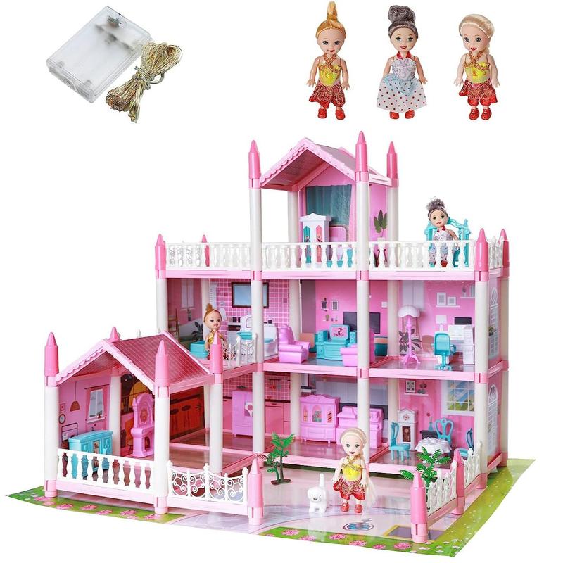 1 Set 3 Layer Doll House With 4 Dolls, Big Doll House Playhouse Girls Toys, Home Decor,  Fun Gifts for Girl, Dream Doll House Toy For Kids