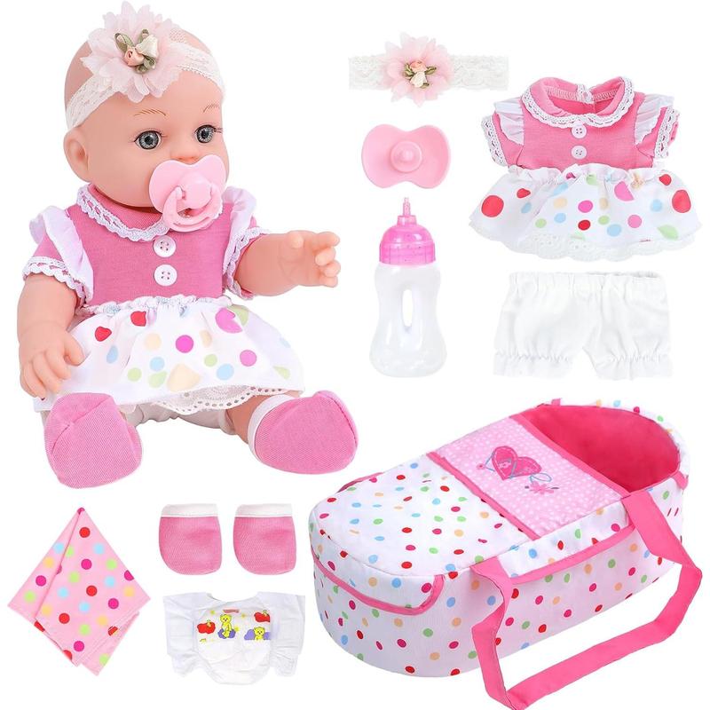 [IN STOCK] 12 Inch Baby Doll with Bassinet Bed,Reborn Alive Doll Includes Clothes and Accessories,Bottles,Nipple,Diaper,Burp Cloth,First Baby Dolls for Toddlers 36 Months and Up