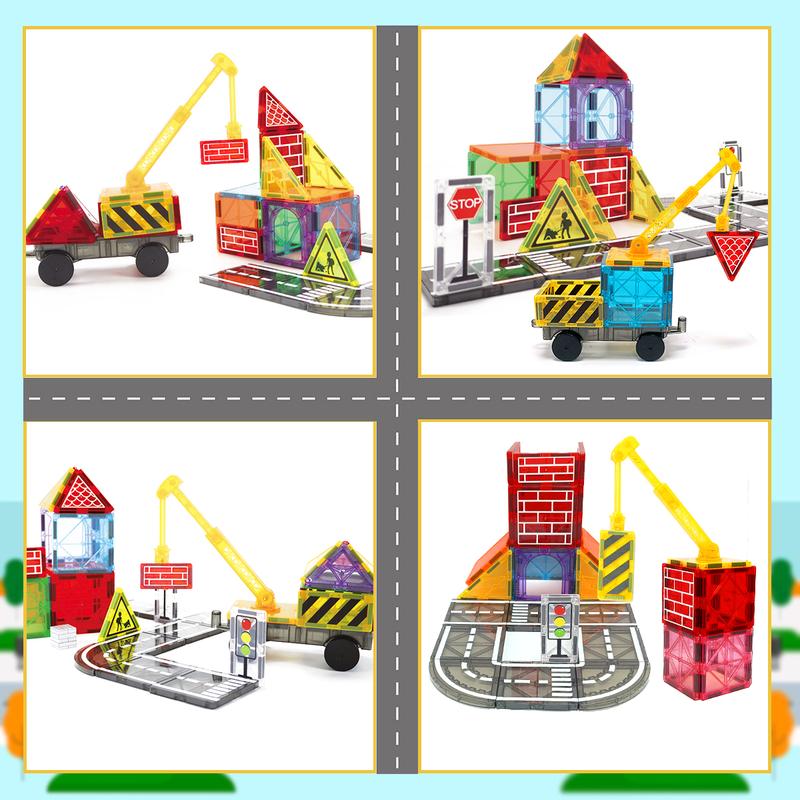 Magnetic Tiles Road Set with Magnet Crane Car Toys, Magnetic Blocks STEM Toys Creativity and Educational Construction Toys Toys for Kids Age 3-6 Birthday Gifts Random Color