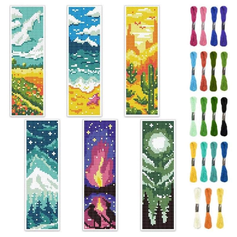 Natural Scenery Pattern DIY Cross Stitch Kit, 6 Counts set DIY Cross Stitch Bookmark Set, DIY Cross Stitch Kit with Instructions for Beginners