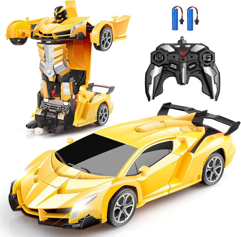 Remote Control Car - Transform, One-Button Deformation & 360?Rotating Drifting, Transform Robot RC Car with LED Light, Toy Gifts for 4 5 6 7 8 9 10 11 12 Years Old Boy (Yellow)