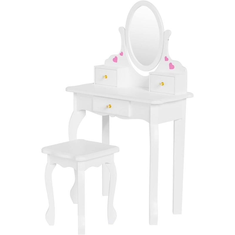 Vanity Set with 3 Drawers and Real Mirror, Princess Vanity Table and Chair Set, Makeup Dressing Table with Rotatable Mirror for Girls