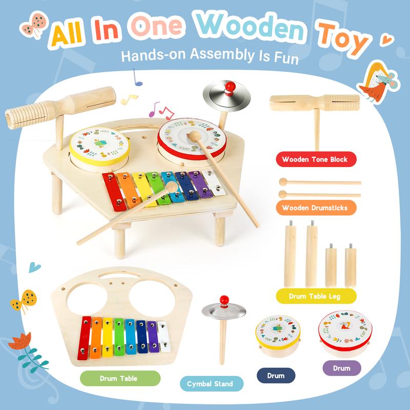 M SANMERSEN Drum Set 7 in 1 Toddler Music Toys Wooden Montessori Musical Instruments Sensory Toys Birthday Xmas Gifts for Girls Boys