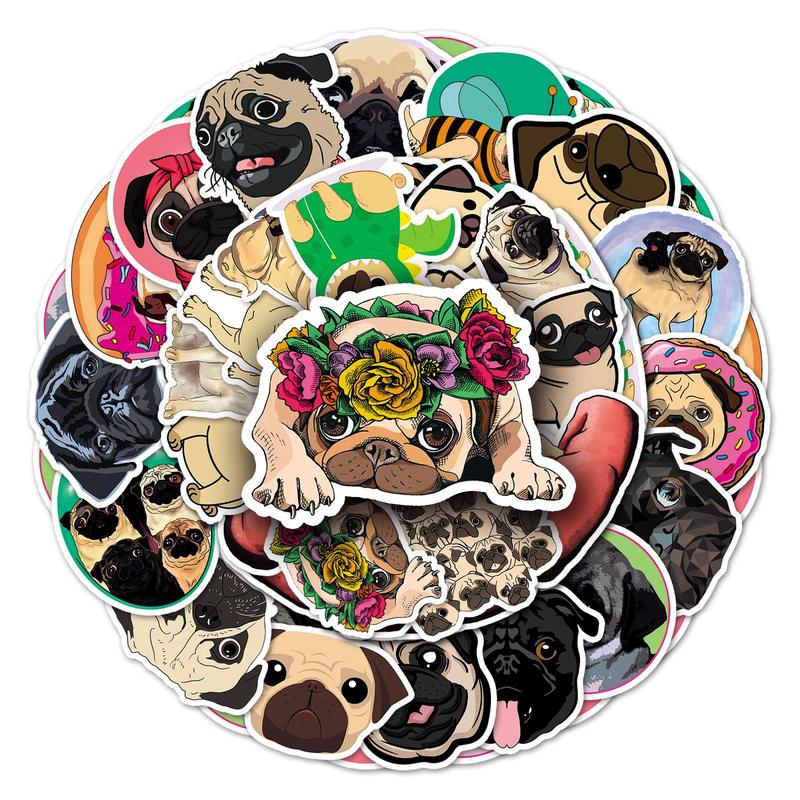 50pcs Cartoon Pug Dog Pattern Sticker, Waterproof Decorative Sticker For DIY Scrapbook, Guitar, Luggage, Skateboard