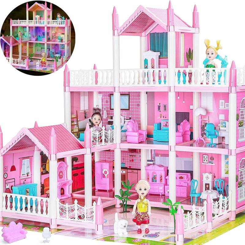 1 Set 3 Layer Doll House With 4 Dolls, Big Doll House Playhouse Girls Toys, Home Decor,  Fun Gifts for Girl, Dream Doll House Toy For Kids