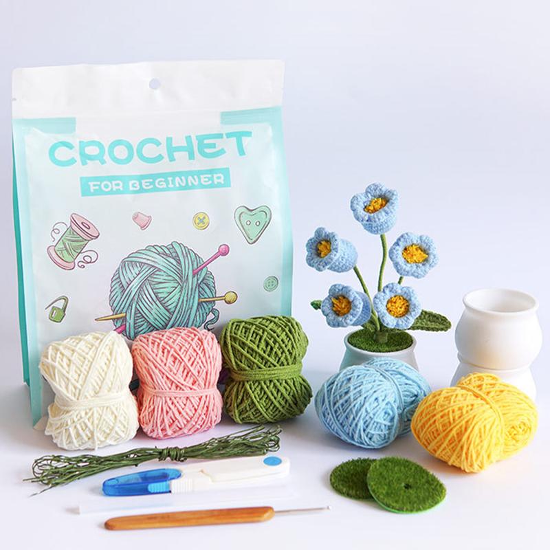 Flower Crochet Kit Learn to Crochet Kit Beginner Knitting Kit with Step-by-Step Video Tutorials Paper Instruction Upgraded Plastic Pot Plants Knitting Crocheting Kits for Adult Starters