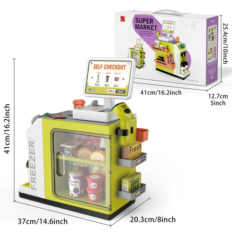 Simulated Cash Register Toy Set, 48pcs set Pretend Play Set, Including Coffee Machine, Calculator, Shopping Bag, Scanner, Credit Card, Play Food