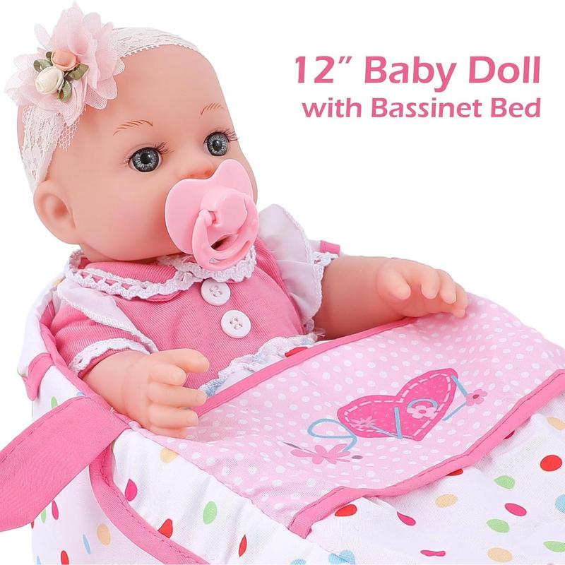 [IN STOCK] 12 Inch Baby Doll with Bassinet Bed,Reborn Alive Doll Includes Clothes and Accessories,Bottles,Nipple,Diaper,Burp Cloth,First Baby Dolls for Toddlers 36 Months and Up