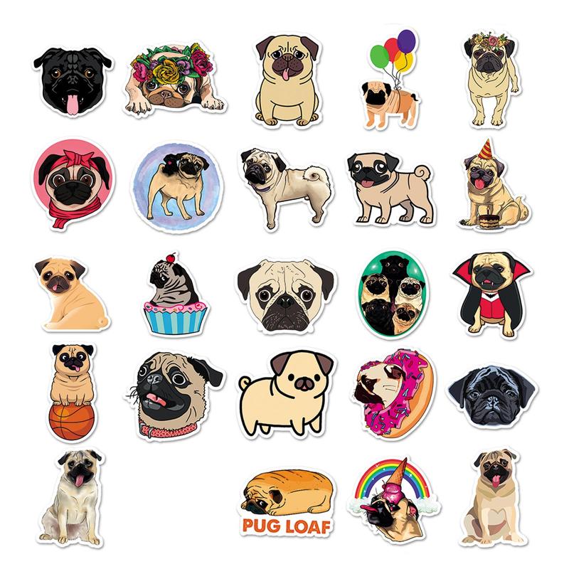 50pcs Cartoon Pug Dog Pattern Sticker, Waterproof Decorative Sticker For DIY Scrapbook, Guitar, Luggage, Skateboard