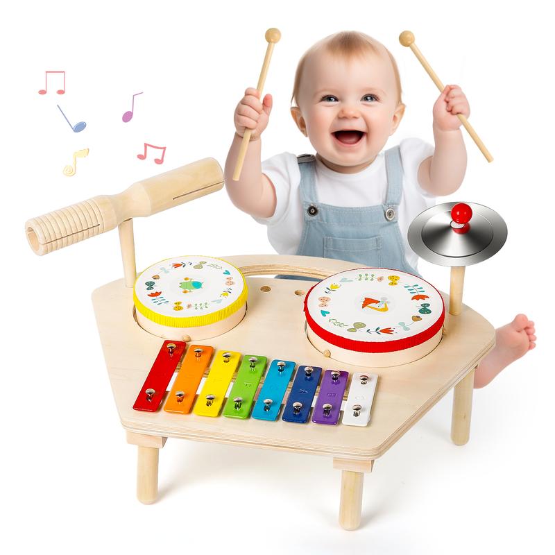 M SANMERSEN Drum Set 7 in 1 Toddler Music Toys Wooden Montessori Musical Instruments Sensory Toys Birthday Xmas Gifts for Girls Boys