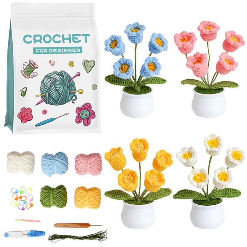 Flower Crochet Kit Learn to Crochet Kit Beginner Knitting Kit with Step-by-Step Video Tutorials Paper Instruction Upgraded Plastic Pot Plants Knitting Crocheting Kits for Adult Starters