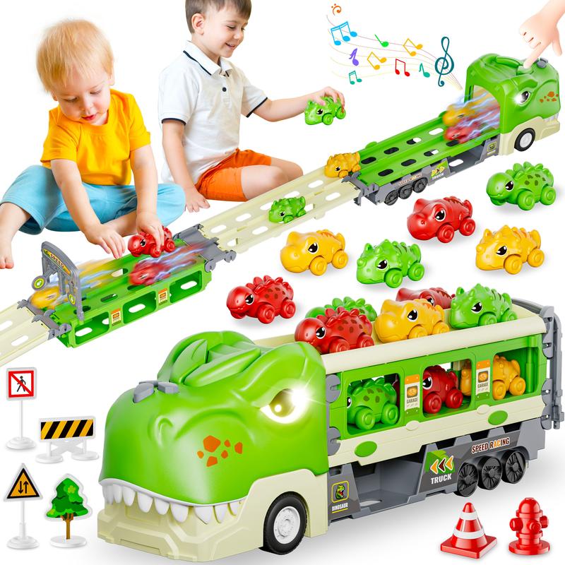 Dinosaur Truck Toys for 2 3 4 5 6 7 Year Boy Toddler, Foldable Track & 2 Player Race Mode, Light & Sound Transport Carrier W  6 Dino Car & 12 Accessories, Birthday Gift Idea for Kids Girls