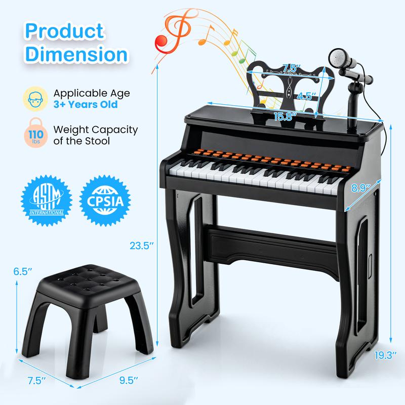 FestivalJoy-37 Keys Music Piano with Microphone Kids Piano Keyboard with Detachable Music Stand-Black