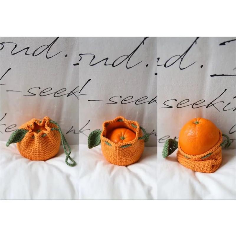 Cute Tangerine Shaped Small Storage Bag, Crochet Drawstring Bags, Mini Handwoven Cotton Handbag, Coin Purse Pouch, Orange Knitting Change Wallet, Earbuds Protective Case, Handmade Gift for Women and Girls