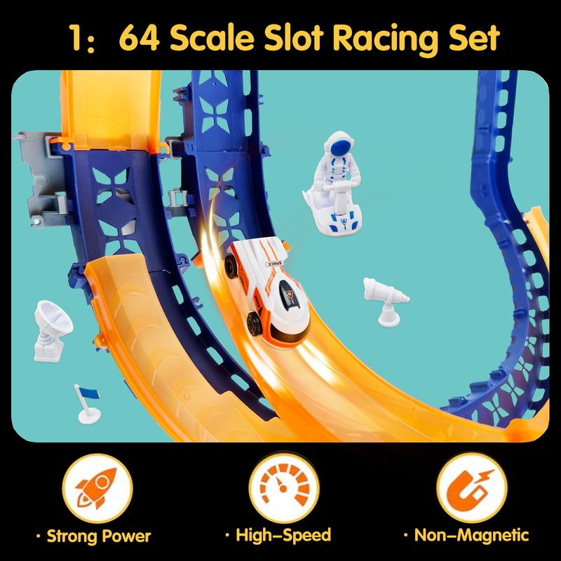 Slot-Car-Race-Track-Sets for Boys Kids, Non- Magnetic Push and Go Pull Back Trucks with 1 High-Speed Slot Car, Dual Racing Game 2 Hand Controllers Circular Overpass Track, Toys Gifts for 6-8 8-12 Boys Girls