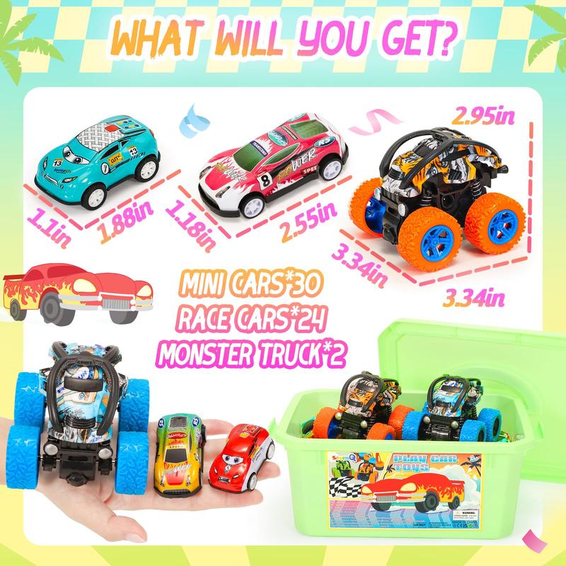 Toy Cars, 56Pcs Monster Pull Back Cars with Storage Box, Race Cars Party Favors Goodie Bag Stuffers Christmas Treasure Box Classroom Prizes