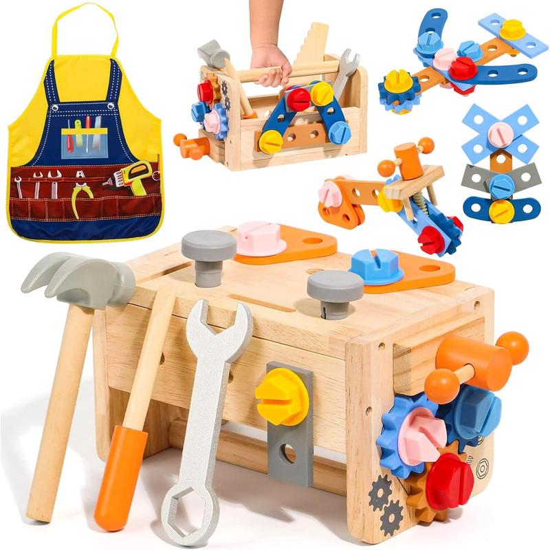 TONZE Kids Tool Set with Apron, Wooden Toddler Tool Bench Montessori Toys for 3 4 5 Year Old 39 PCS Educational STEM Construction Toys for Ages 3-4 Pretend Play Toddler Tool Birthday Gift for Boy Girl