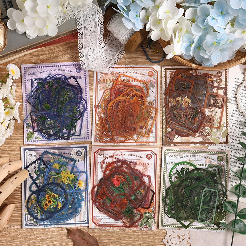 Vintage Flower Pattern Sticker, 30pcs set Waterproof Sticker, Decorative Sticker for Scrapbook, Diary, Handbook, Mobile Phone Cases