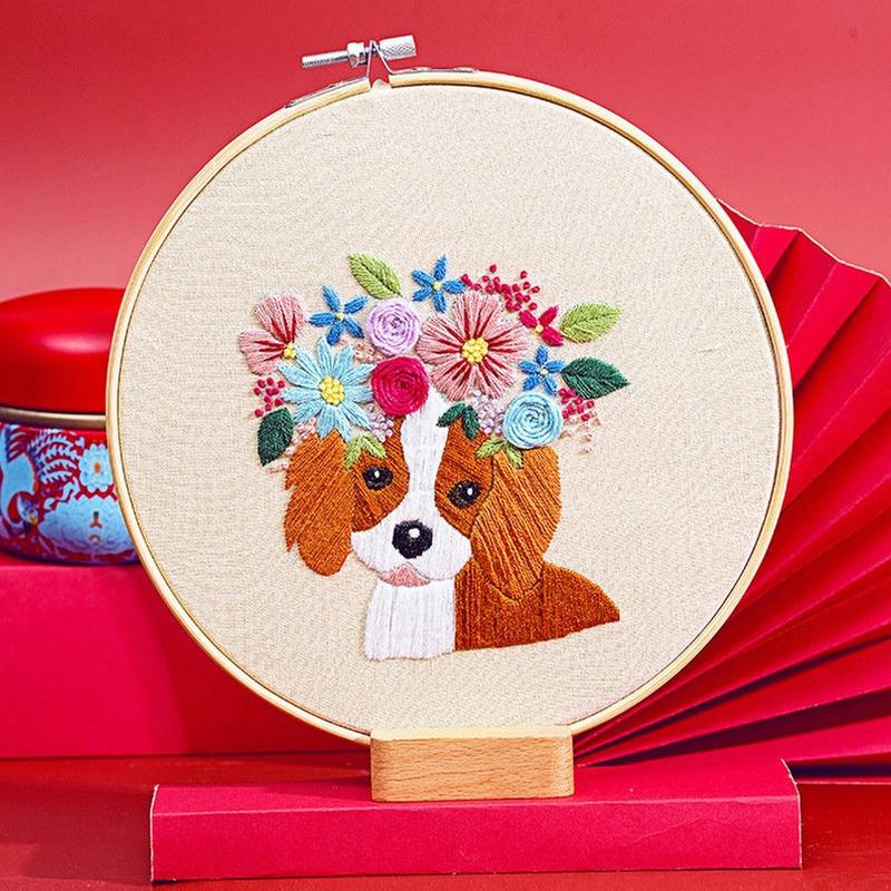 Embroidery Kit For Beginner| Modern Embroidery Kit with Pattern| Pet Embroidery Full Kit with Needlepoint Hoop| DIY Craft Kit Dog Pattern