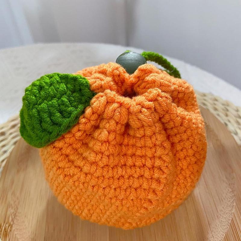 Cute Tangerine Shaped Small Storage Bag, Crochet Drawstring Bags, Mini Handwoven Cotton Handbag, Coin Purse Pouch, Orange Knitting Change Wallet, Earbuds Protective Case, Handmade Gift for Women and Girls