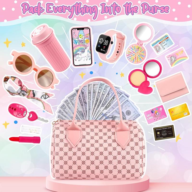 Play Purse for Little Girls, 32PCS Toddler Purse with Pretend Makeup for Kids, Princess Toys Includes Handbag, Phone, Wristwatch, Silk Scarf Kids Toy Purse Birthday Gift for Girls 3 4 5 6 +