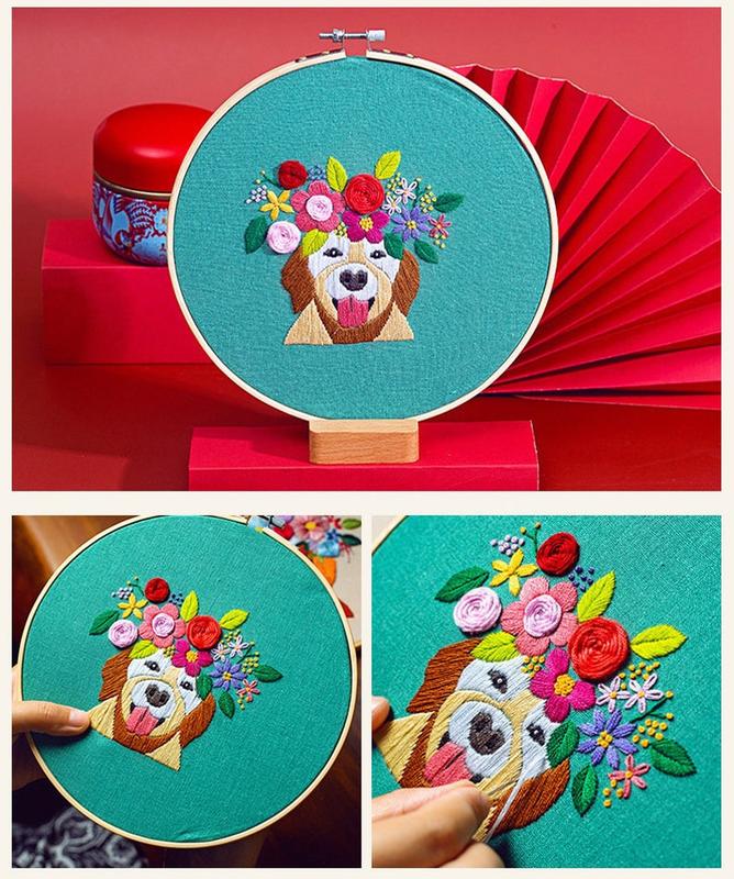 Embroidery Kit For Beginner| Modern Embroidery Kit with Pattern| Pet Embroidery Full Kit with Needlepoint Hoop| DIY Craft Kit Dog Pattern