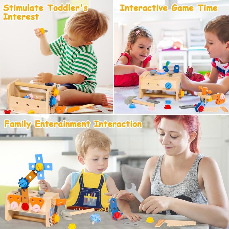 TONZE Kids Tool Set with Apron, Wooden Toddler Tool Bench Montessori Toys for 3 4 5 Year Old 39 PCS Educational STEM Construction Toys for Ages 3-4 Pretend Play Toddler Tool Birthday Gift for Boy Girl