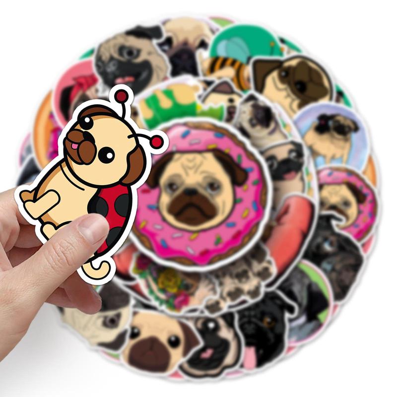 50pcs Cartoon Pug Dog Pattern Sticker, Waterproof Decorative Sticker For DIY Scrapbook, Guitar, Luggage, Skateboard