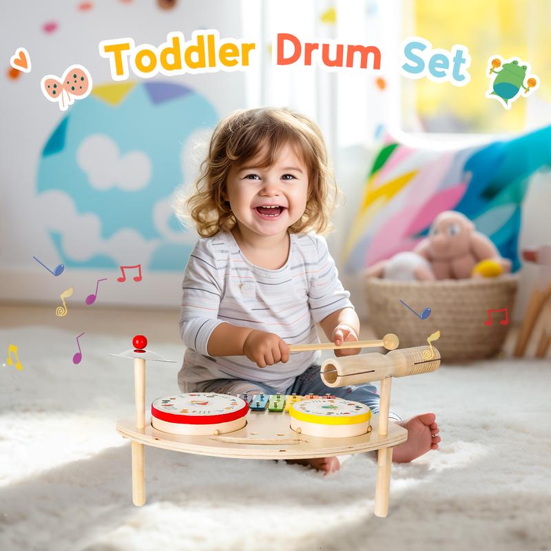 M SANMERSEN Drum Set 7 in 1 Toddler Music Toys Wooden Montessori Musical Instruments Sensory Toys Birthday Xmas Gifts for Girls Boys