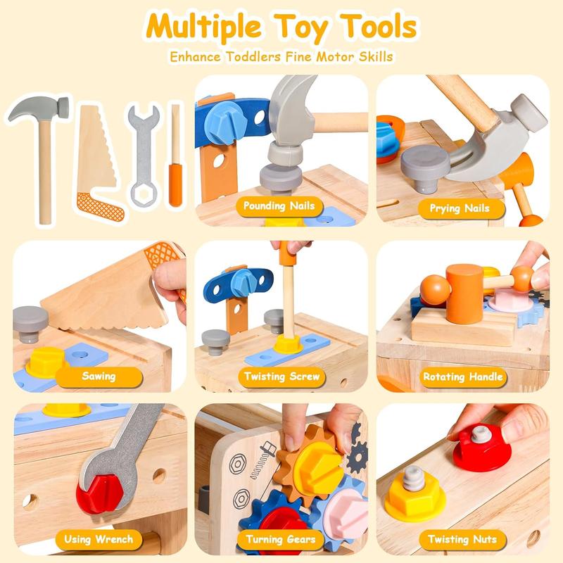 TONZE Kids Tool Set with Apron, Wooden Toddler Tool Bench Montessori Toys for 3 4 5 Year Old 39 PCS Educational STEM Construction Toys for Ages 3-4 Pretend Play Toddler Tool Birthday Gift for Boy Girl