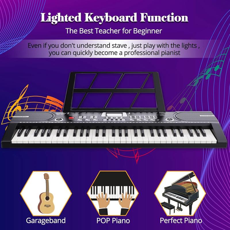 61 Key Music Electronic Keyboard Electric Digital Piano Organ w  Music Stand & Mic