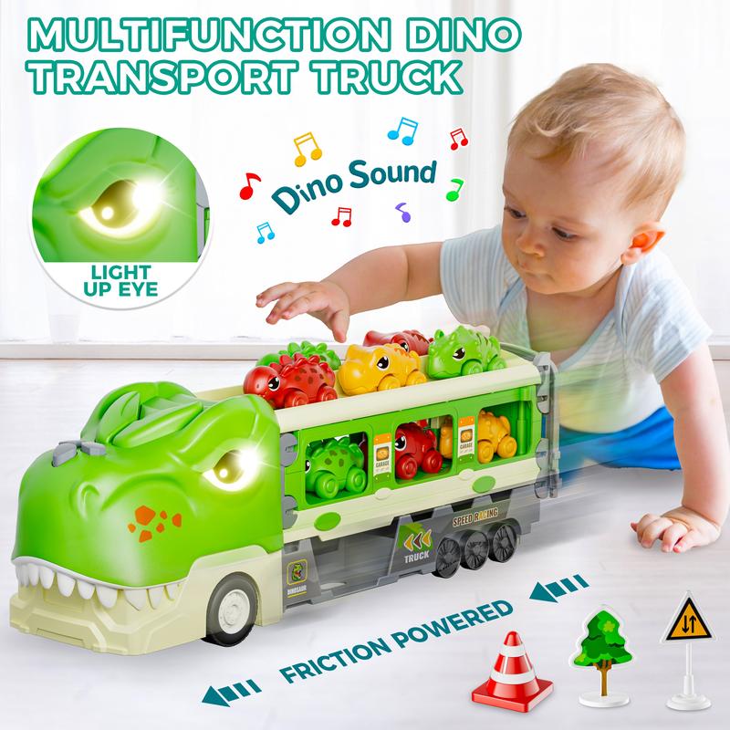 Dinosaur Truck Toys for 2 3 4 5 6 7 Year Boy Toddler, Foldable Track & 2 Player Race Mode, Light & Sound Transport Carrier W  6 Dino Car & 12 Accessories, Birthday Gift Idea for Kids Girls