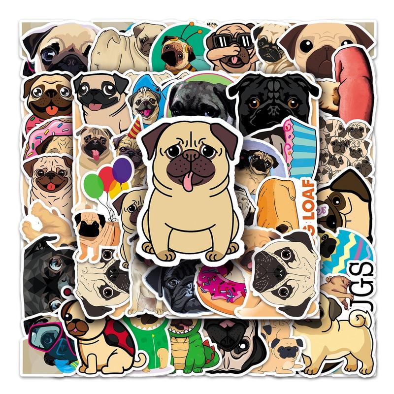 50pcs Cartoon Pug Dog Pattern Sticker, Waterproof Decorative Sticker For DIY Scrapbook, Guitar, Luggage, Skateboard