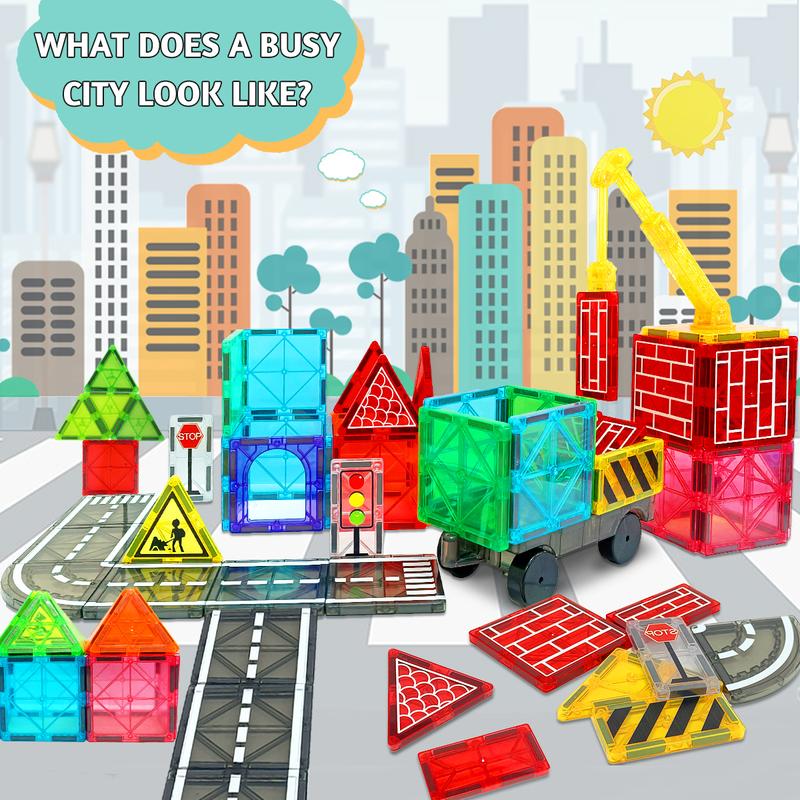 Magnetic Tiles Road Set with Magnet Crane Car Toys, Magnetic Blocks STEM Toys Creativity and Educational Construction Toys Toys for Kids Age 3-6 Birthday Gifts Random Color