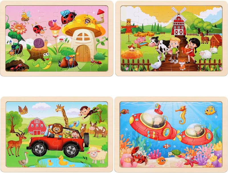 Wooden Puzzles Toys for Kids Ages 3-5, Set of 4 Packs with 20-Piece Farm, Animals Theme Wood Jigsaw Puzzles, Preschool Educational Brain Teaser Toys for Boys and Girls 3-6 Years Old.