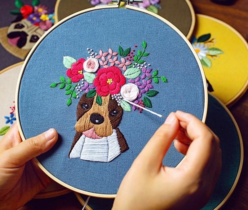 Embroidery Kit For Beginner| Modern Embroidery Kit with Pattern| Pet Embroidery Full Kit with Needlepoint Hoop| DIY Craft Kit Dog Pattern