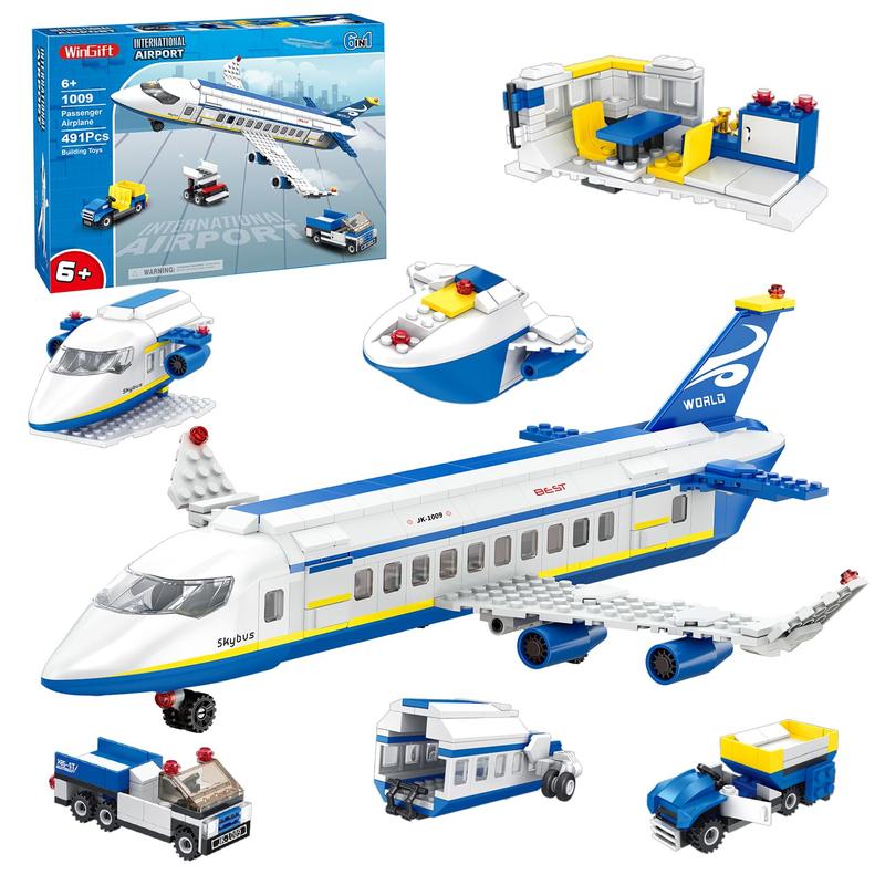 City Passenger Airplane Building Set, 6 IN1 Airplane Bricks Toy-Airbus, Creative Building Projects with Shuttle Bus,  Gift for Boy and Girl Ages 6+